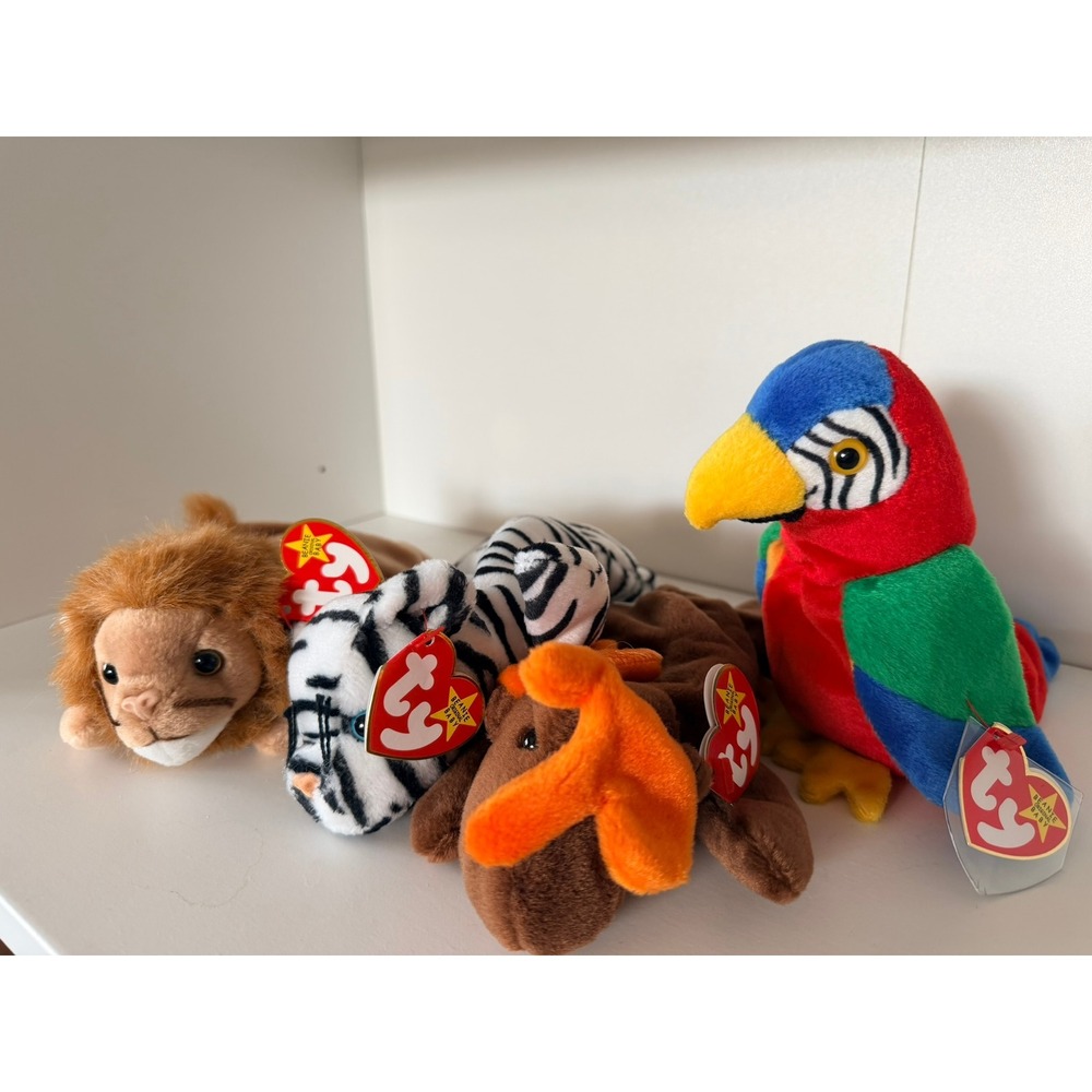 Ty Beanie Babies Lot of 4 NWT Roary Lion Blizzard Tiger Chocolate Moose Jabber